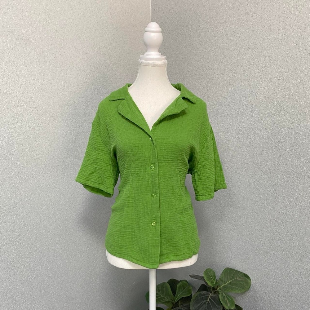 HUNTER & BROWN LIGHTWEIGHT GAUZE BUTTON DOWN GREEN SHORT SLEEVE SUMMER BOHO